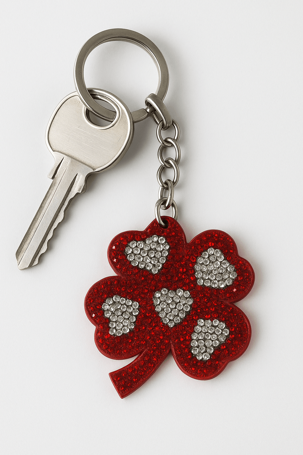 Red Crystal Four-Leaf Clover Keychain with Heart Accents - MODA ACCESSORIES