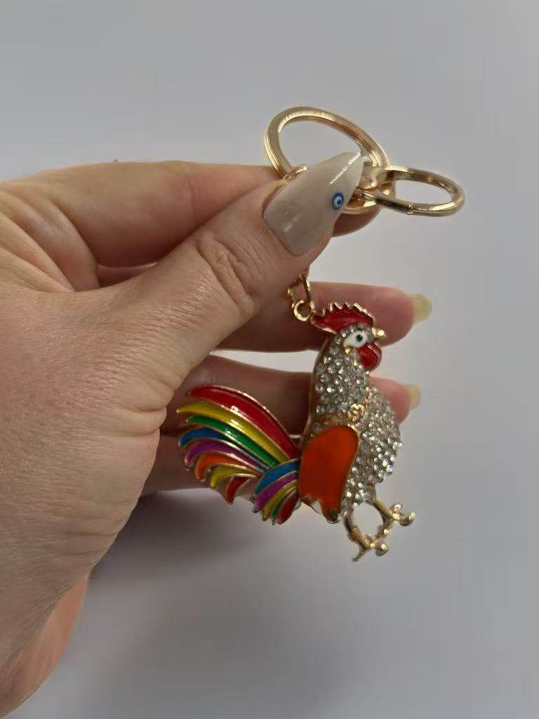 Colorful Rooster Keychain – Sparkling Crystal Chicken Charm - MODA ACCESSORIES