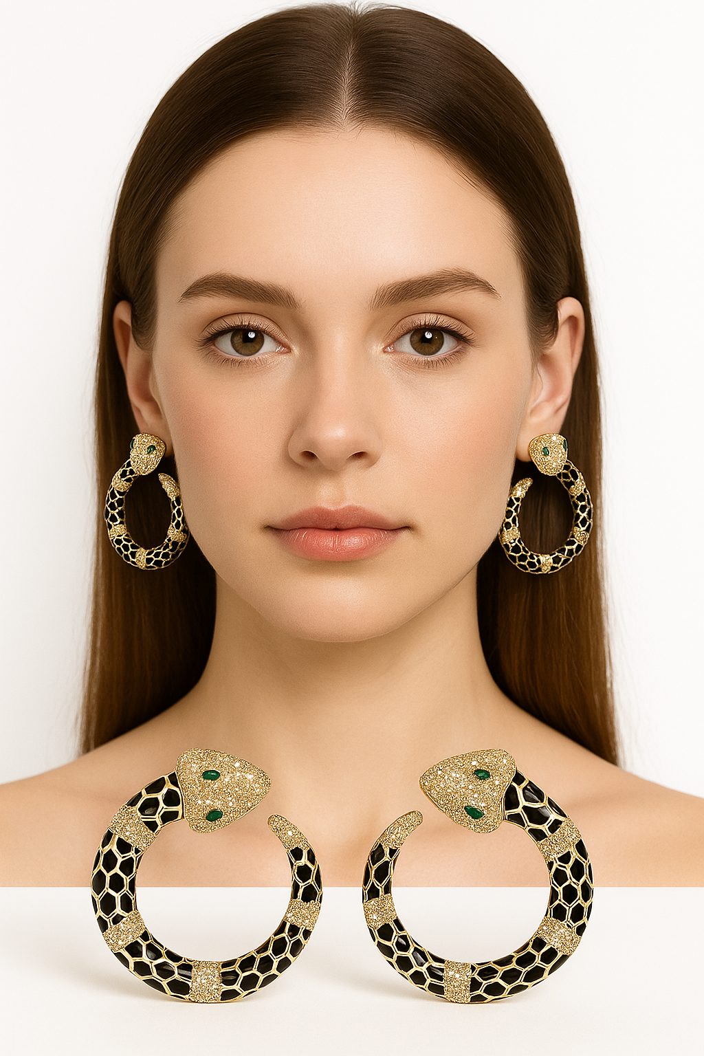 Luxury Gold Snake Hoop Earrings with Black Enamel and Green Crystal Eyes