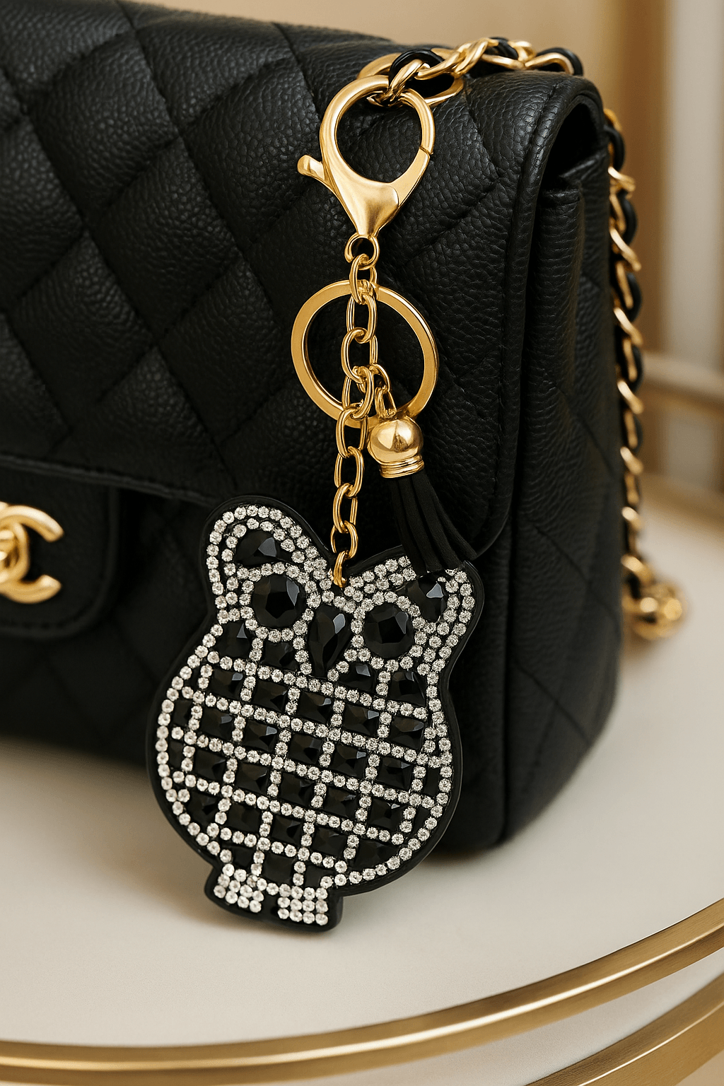 Luxury Crystal Owl Keychain with Black Rhinestones and Gold Hardware - MODA ACCESSORIES