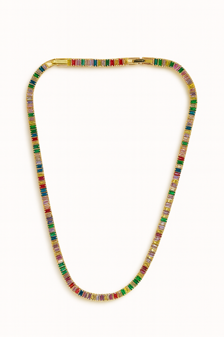 Colorful Baguette-Cut Gold Plated Tennis Necklace