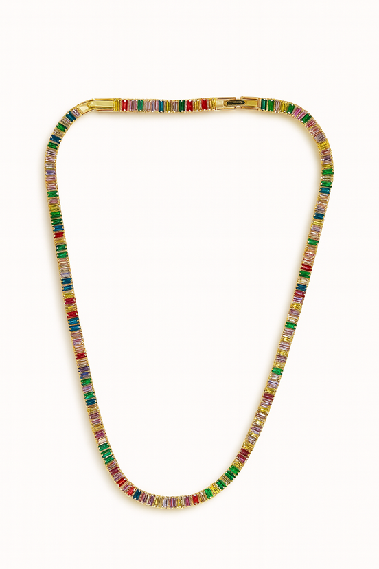 Colorful Baguette-Cut Gold Plated Tennis Necklace