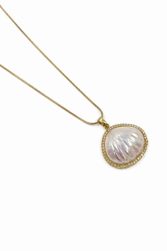 Gold Mother of Pearl Pendant Necklace with Pavé Crystal Frame