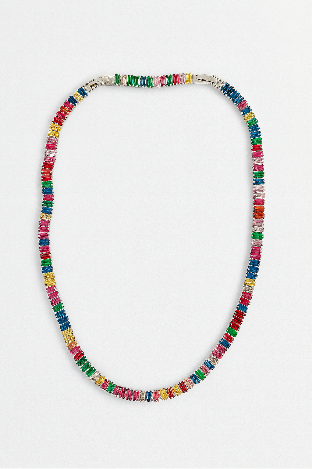 Vibrant Multicolor Baguette Tennis Necklace in Silver