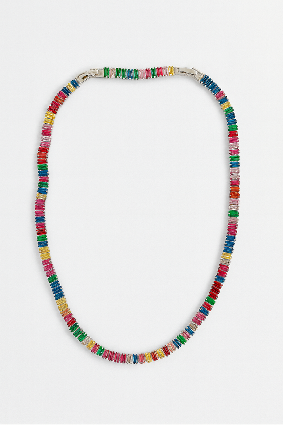 Vibrant Multicolor Baguette Tennis Necklace in Silver