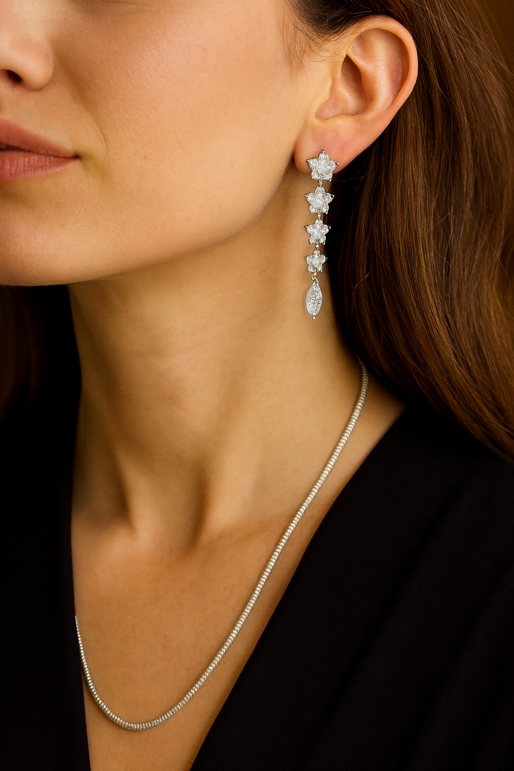 Elegant Silver Star Drop Earrings with Cubic Zirconia Crystals