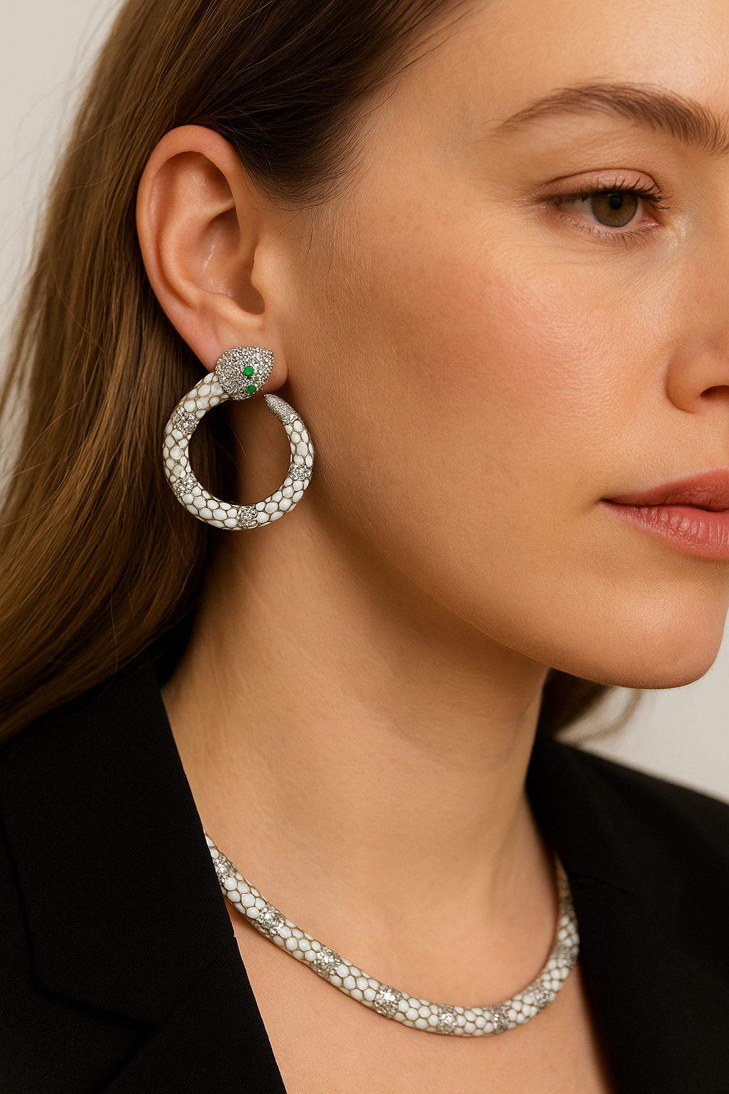 White Enamel Snake Hoop Earrings with Green Crystal Eyes – Luxury Statement Jewelry