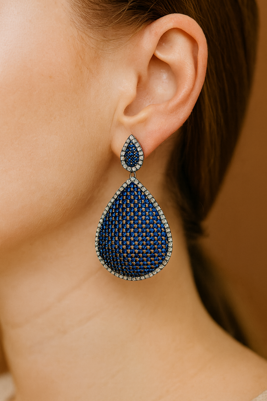 Blue Sapphire Drop Earrings with White Crystal Accents – Luxury Statement Evening Jewelry