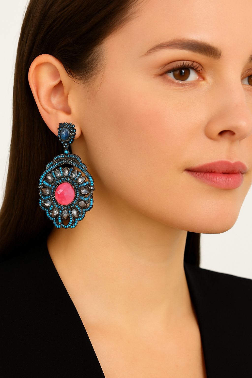 Bohemian Pink & Blue Crystal Statement Earrings – Vintage Luxe Drop Earrings for Women