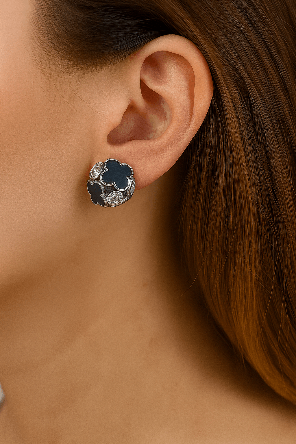 Silver Black Clover Cluster Stud Earrings - MODA ACCESSORIES