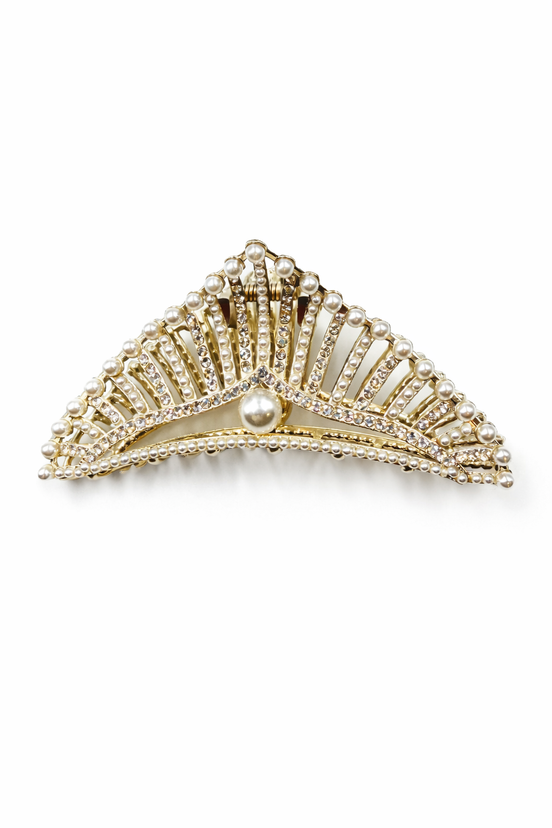 Gold Crown Hair Clip with Pearls & Crystals