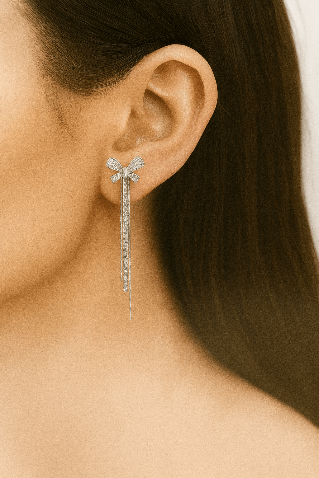 Elegant Bow Drop Earrings with Double Chain Tassels - MODA ACCESSORIES