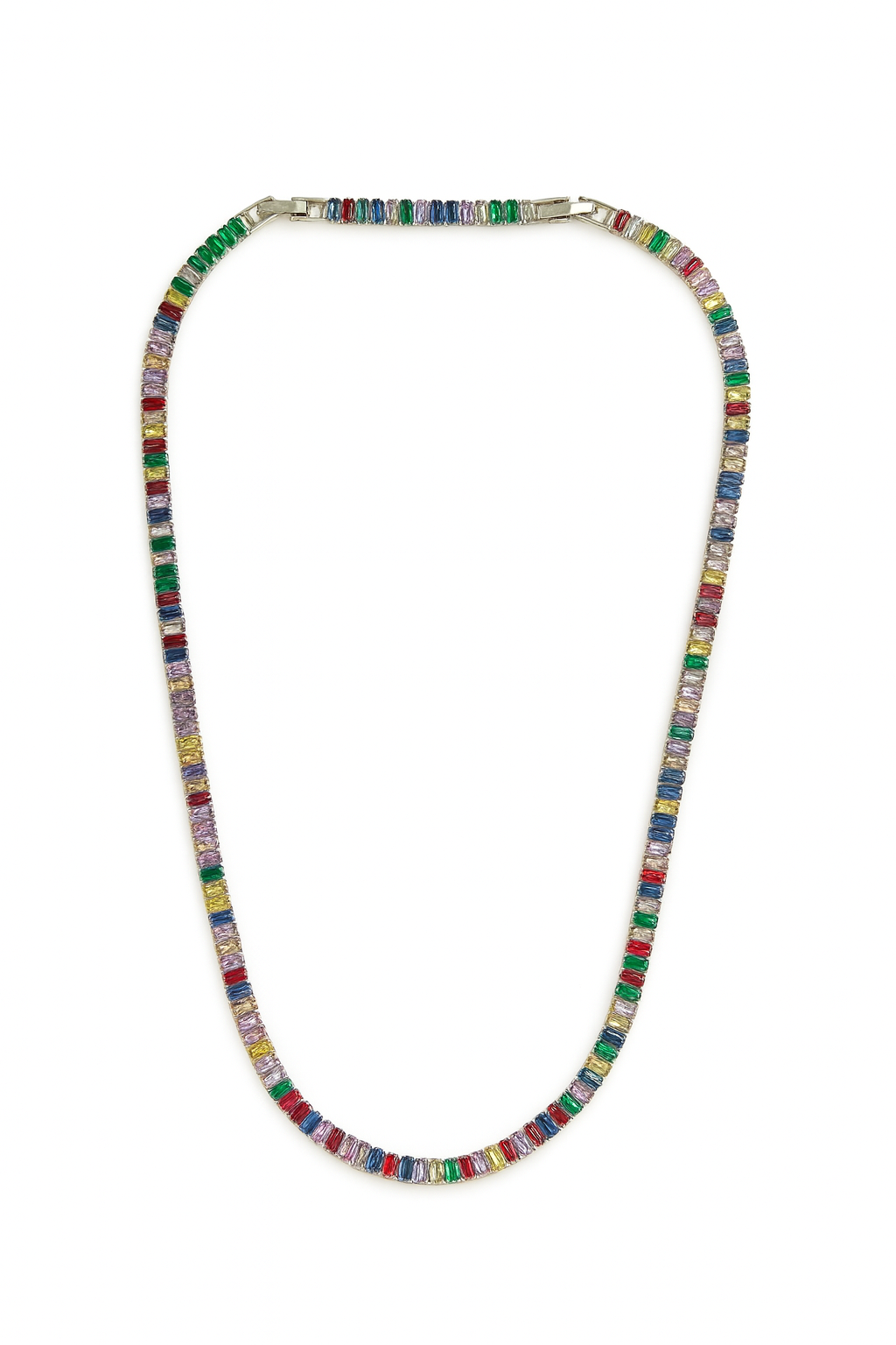 Silver Rainbow Baguette Tennis Necklace