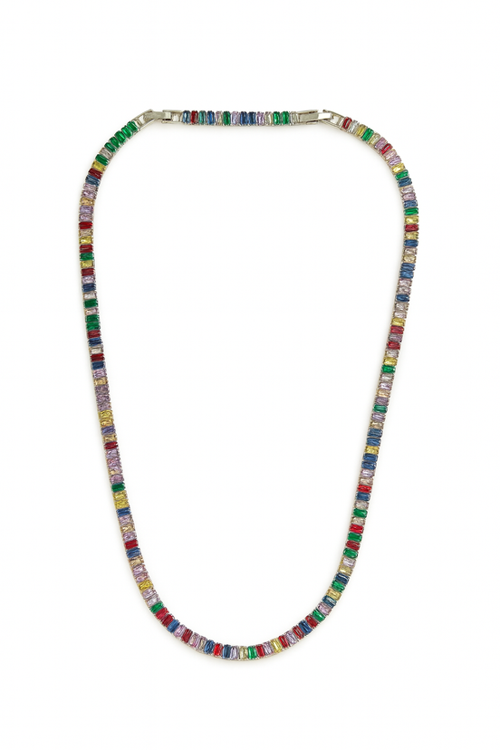 Silver Rainbow Baguette Tennis Necklace