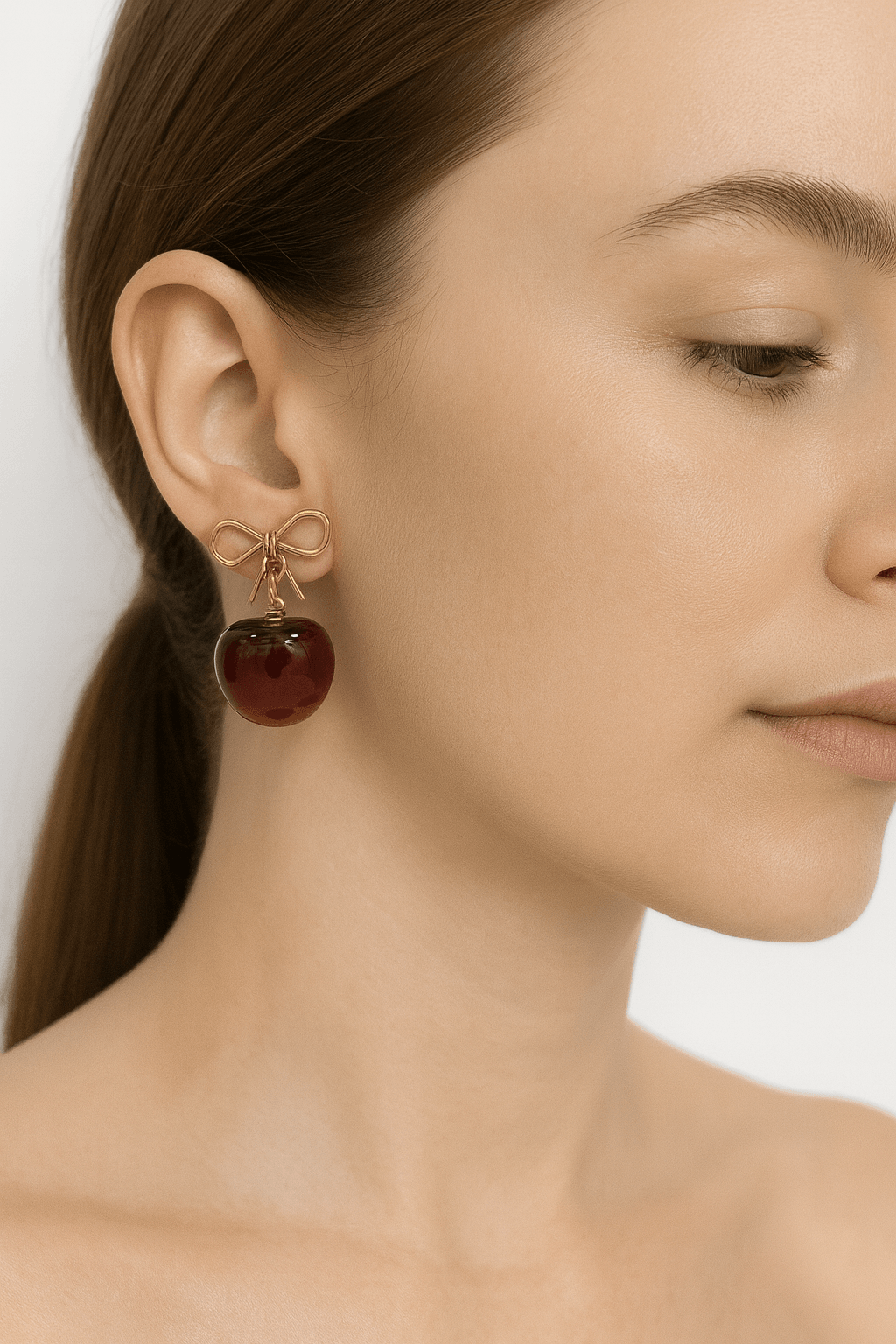 Cherry Drop Earrings with Gold-Tone Bow Accent - MODA ACCESSORIES