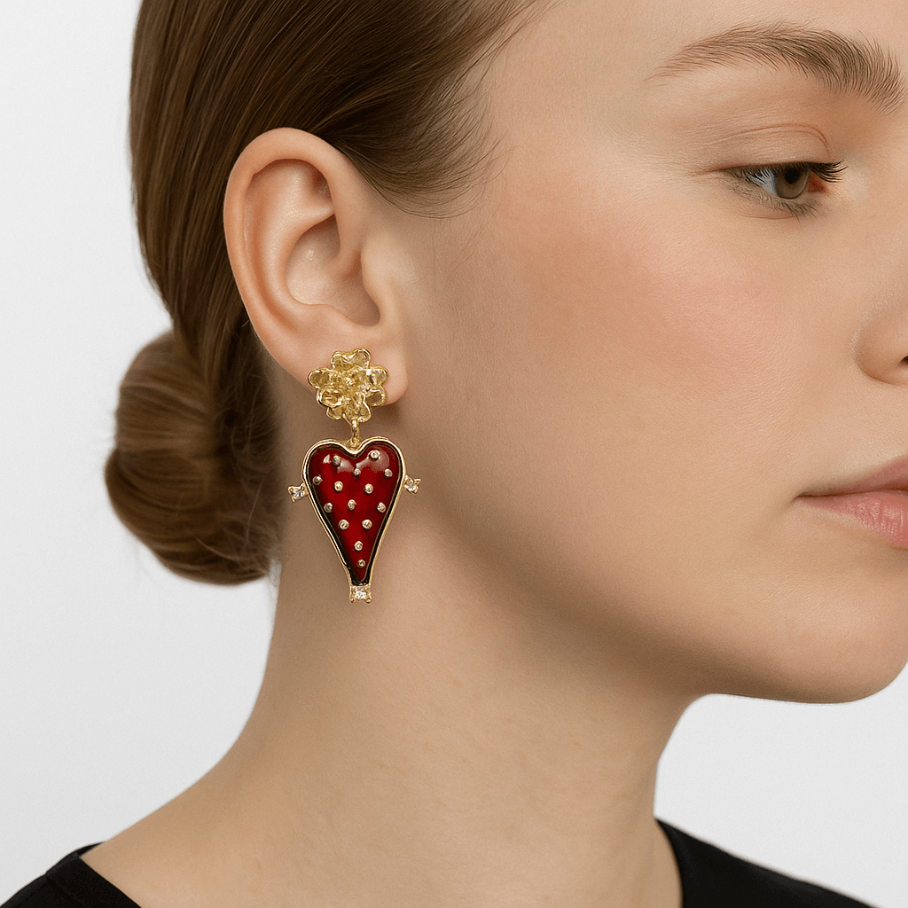 Vintage Heart Stud Earrings with Gold-Tone Floral Detail - MODA ACCESSORIES