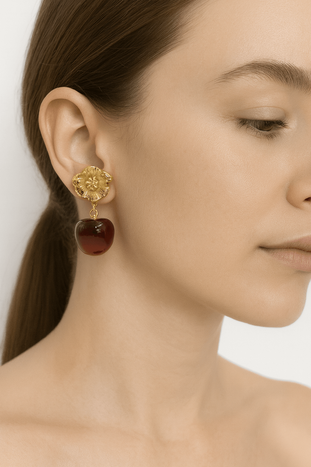 Vintage Cherry Drop Earrings with Gold Floral Stud - MODA ACCESSORIES