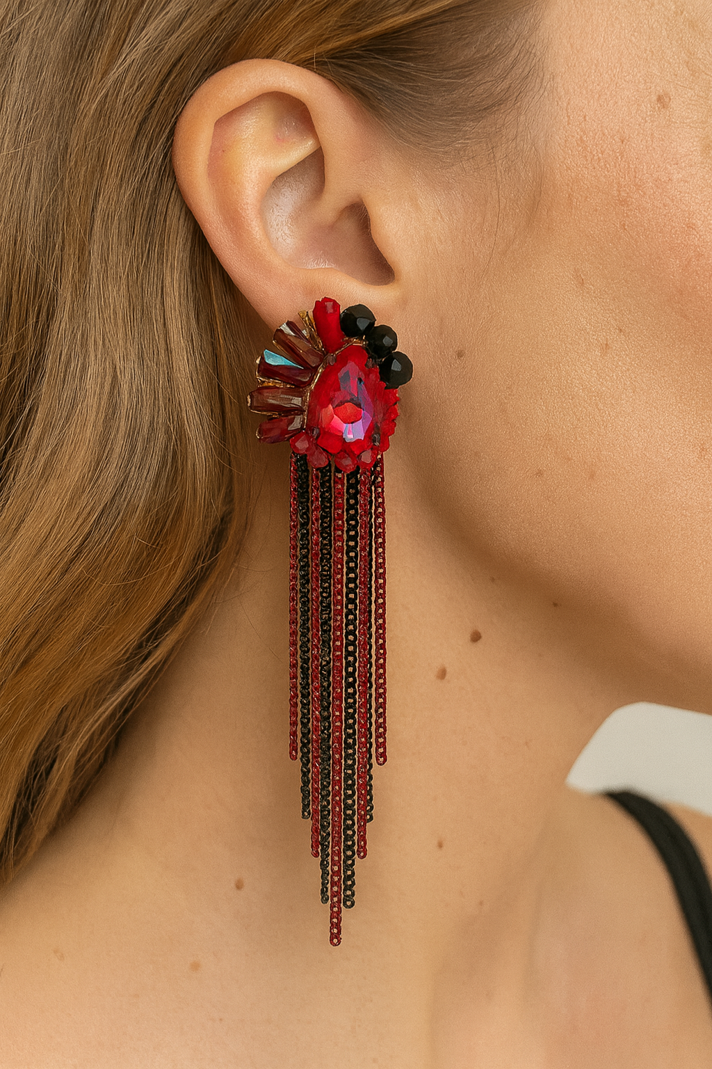 Radiant Red Teardrop Tassel Earrings