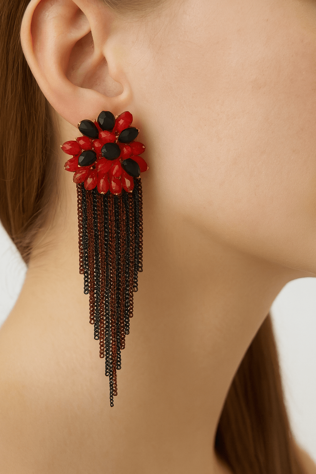 Red and Black Flower Earrings with Cascading Chain Tassels - MODA ACCESSORIES