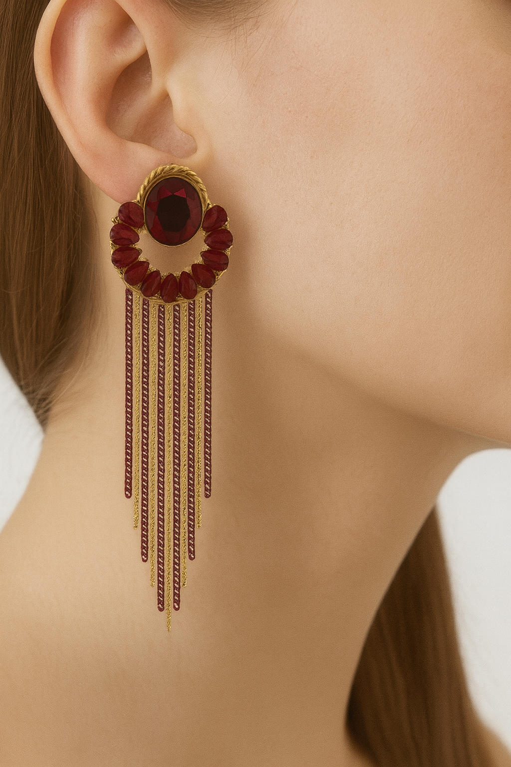 Burgundy Crystal Tassel Statement Earrings