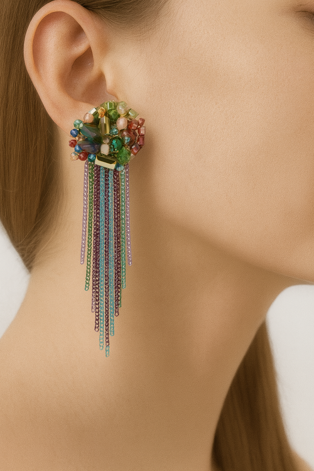 Multicolor Beaded Tassel Statement Earrings