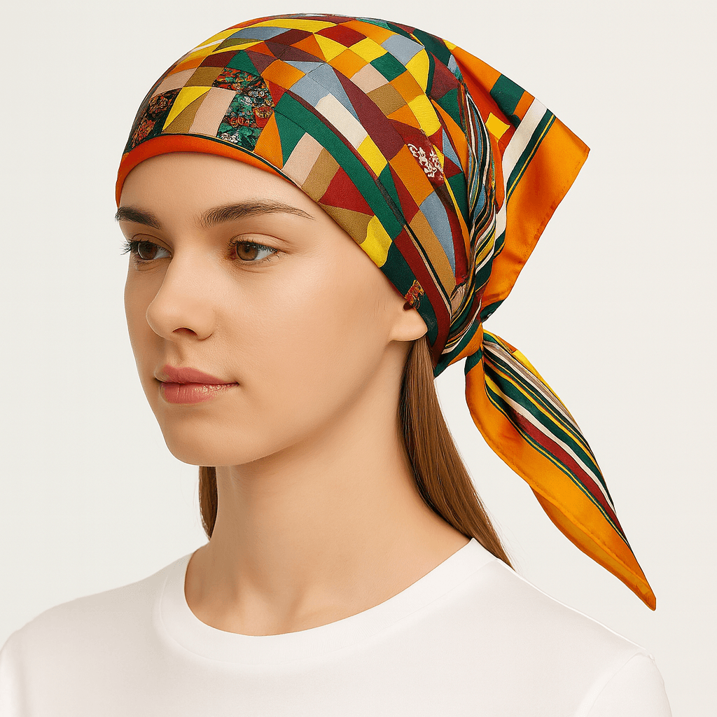 Colorful Geometric Silk Headscarf – Bohemian Patchwork Design - MODA ACCESSORIES
