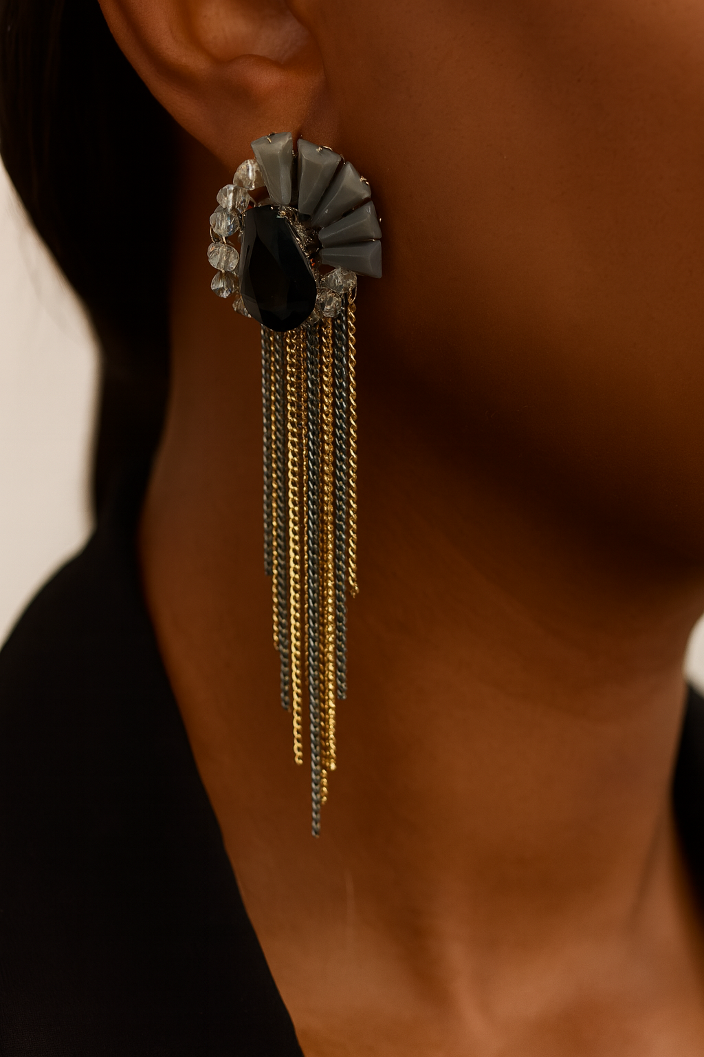 Black Crystal Fan Tassel Earrings