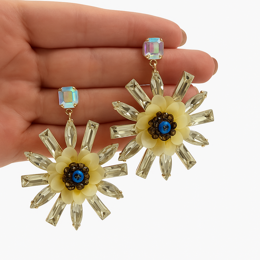 Golden Crystal Blossom Statement Earrings
