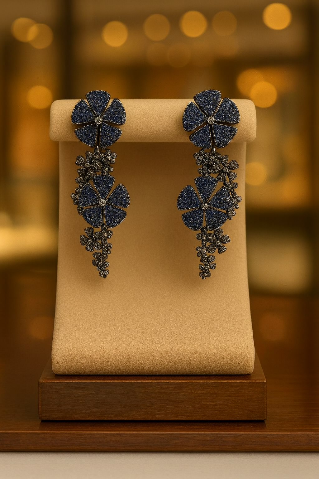 Midnight Blue Floral Statement Earrings – Luxury Flower Drop Earrings for Women