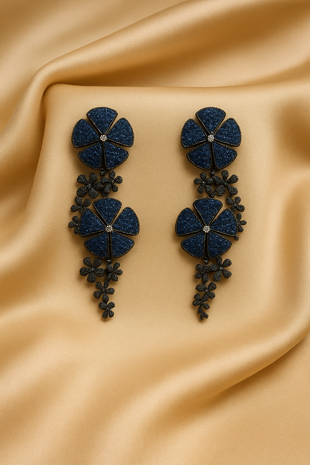 Midnight Blue Floral Statement Earrings – Luxury Flower Drop Earrings for Women