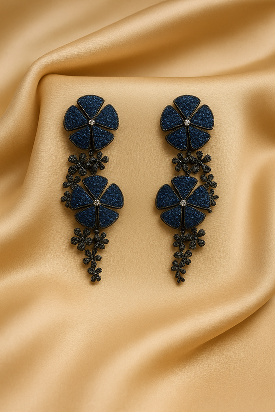Midnight Blue Floral Statement Earrings – Luxury Flower Drop Earrings for Women