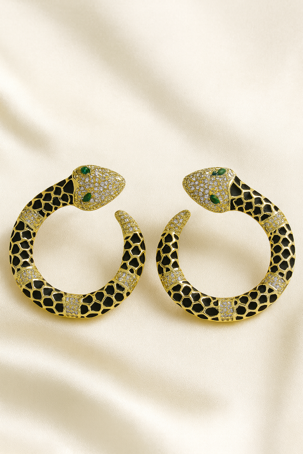 Luxury Gold Snake Hoop Earrings with Black Enamel and Green Crystal Eyes