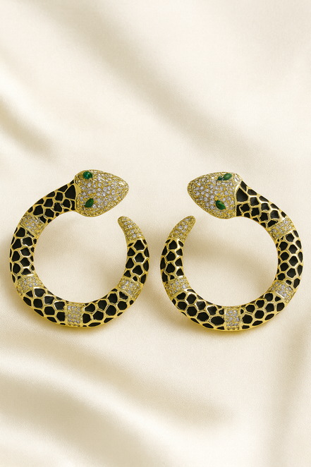 Luxury Gold Snake Hoop Earrings with Black Enamel and Green Crystal Eyes