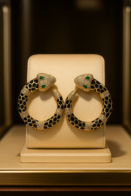 Luxury Gold Snake Hoop Earrings with Black Enamel and Green Crystal Eyes