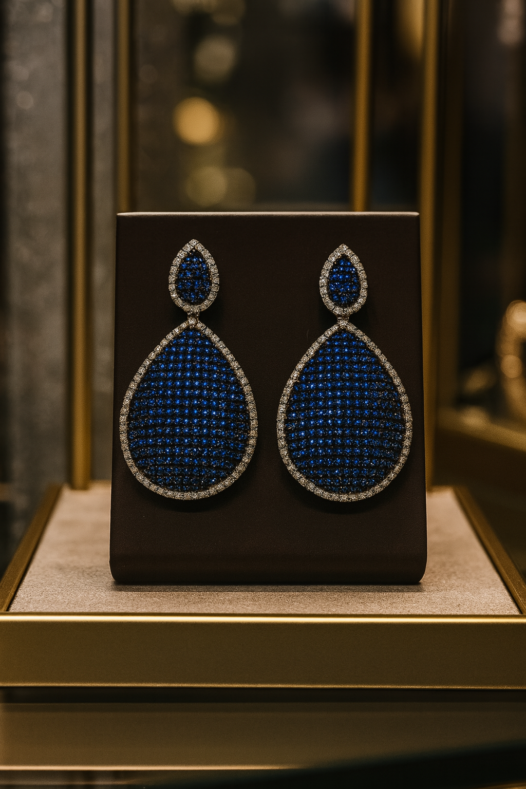 Blue Sapphire Drop Earrings with White Crystal Accents – Luxury Statement Evening Jewelry