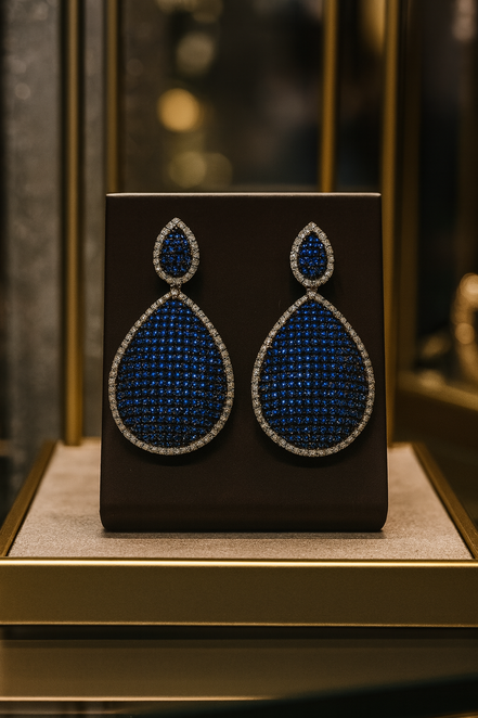Blue Sapphire Drop Earrings with White Crystal Accents – Luxury Statement Evening Jewelry