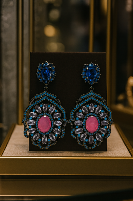 Bohemian Pink & Blue Crystal Statement Earrings – Vintage Luxe Drop Earrings for Women