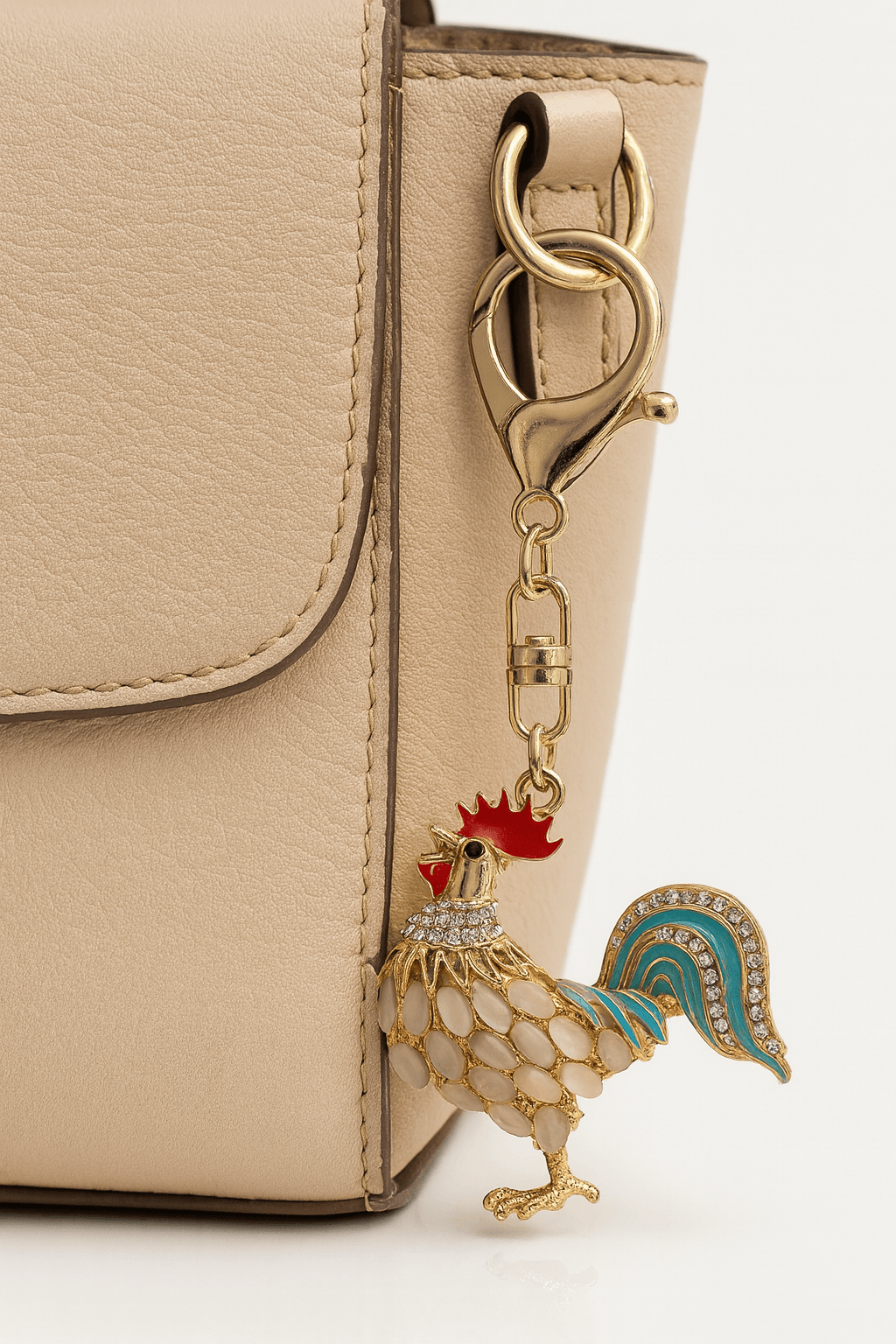 Elegant Rooster Keychain – Crystal Rhinestone & Enamel Gold-Tone Bag Charm - MODA ACCESSORIES