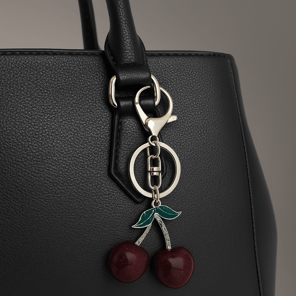 Cherry Keychain – Red Glitter Fruit Charm with Green Leaf Accent - MODA ACCESSORIES