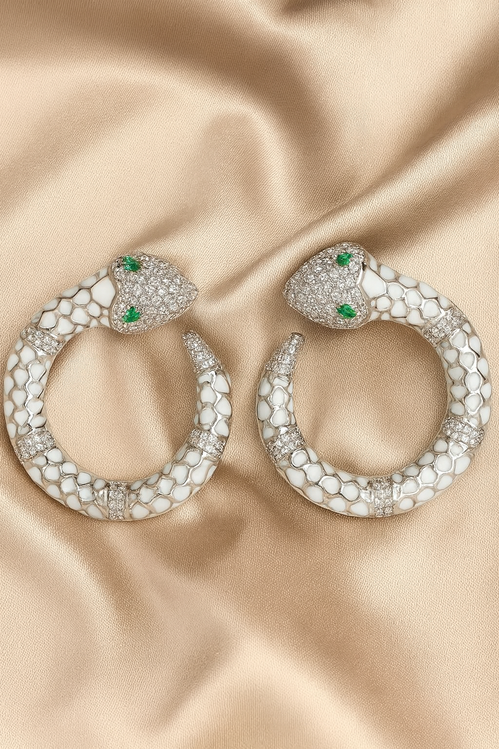White Enamel Snake Hoop Earrings with Green Crystal Eyes – Luxury Statement Jewelry