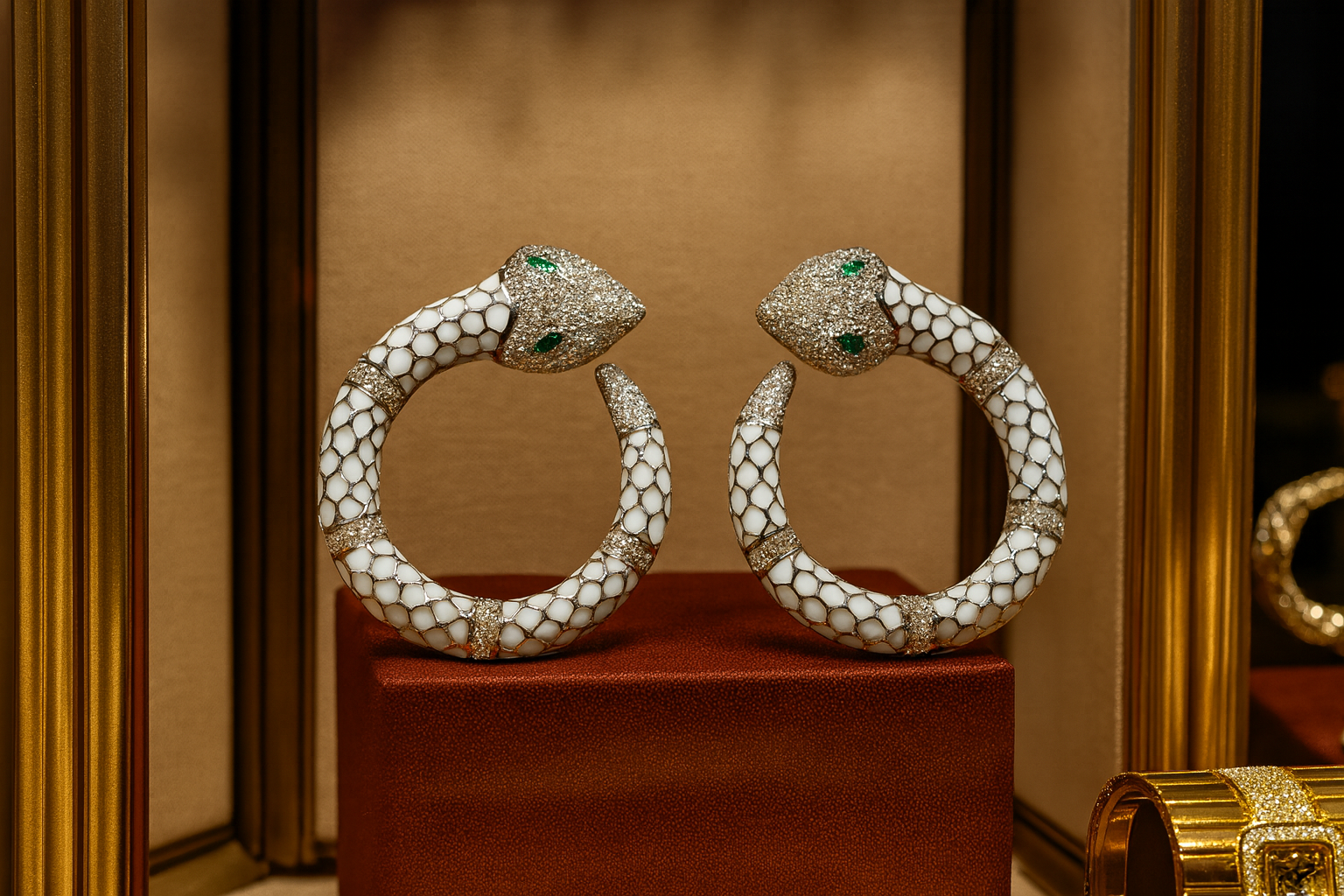 White Enamel Snake Hoop Earrings with Green Crystal Eyes – Luxury Statement Jewelry
