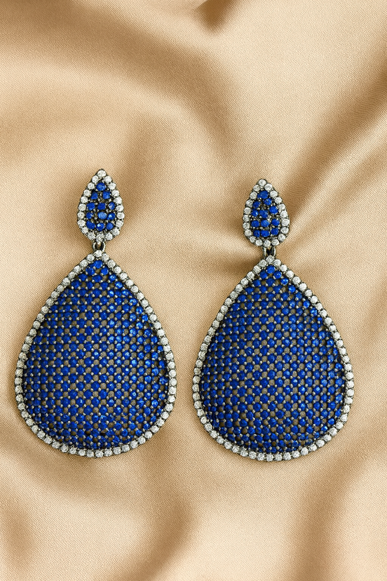 Blue Sapphire Drop Earrings with White Crystal Accents – Luxury Statement Evening Jewelry