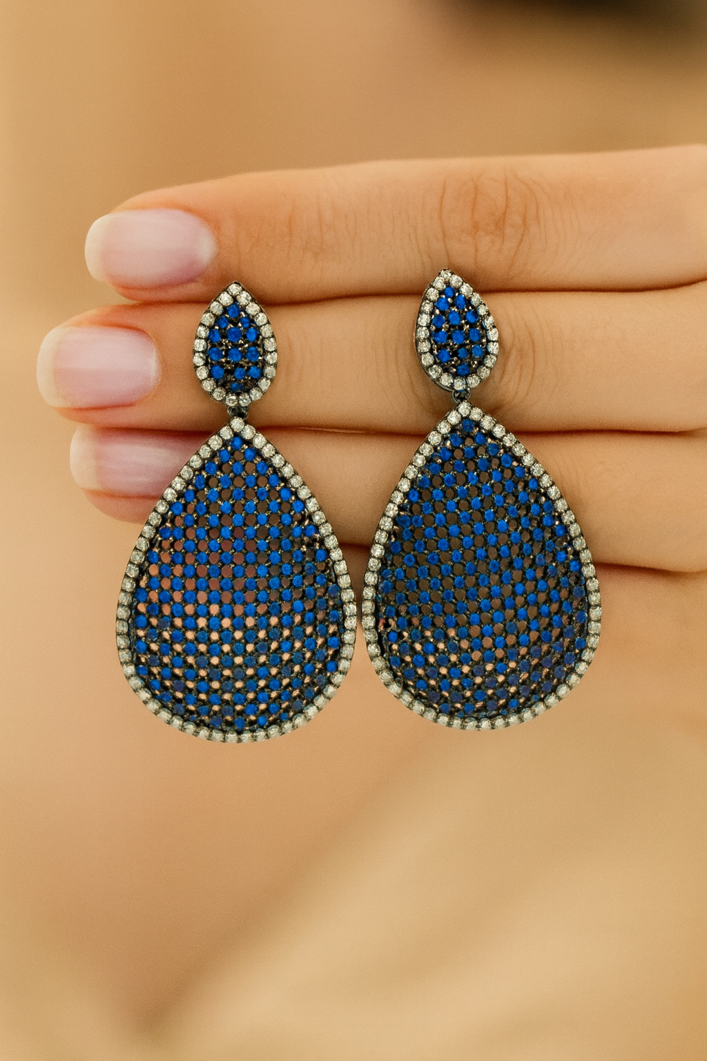 Blue Sapphire Drop Earrings with White Crystal Accents – Luxury Statement Evening Jewelry