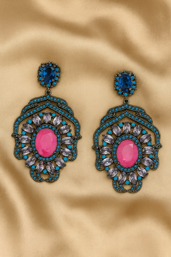 Bohemian Pink & Blue Crystal Statement Earrings – Vintage Luxe Drop Earrings for Women