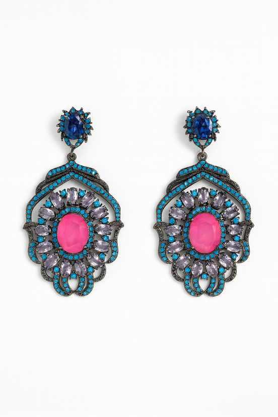 Bohemian Pink & Blue Crystal Statement Earrings – Vintage Luxe Drop Earrings for Women