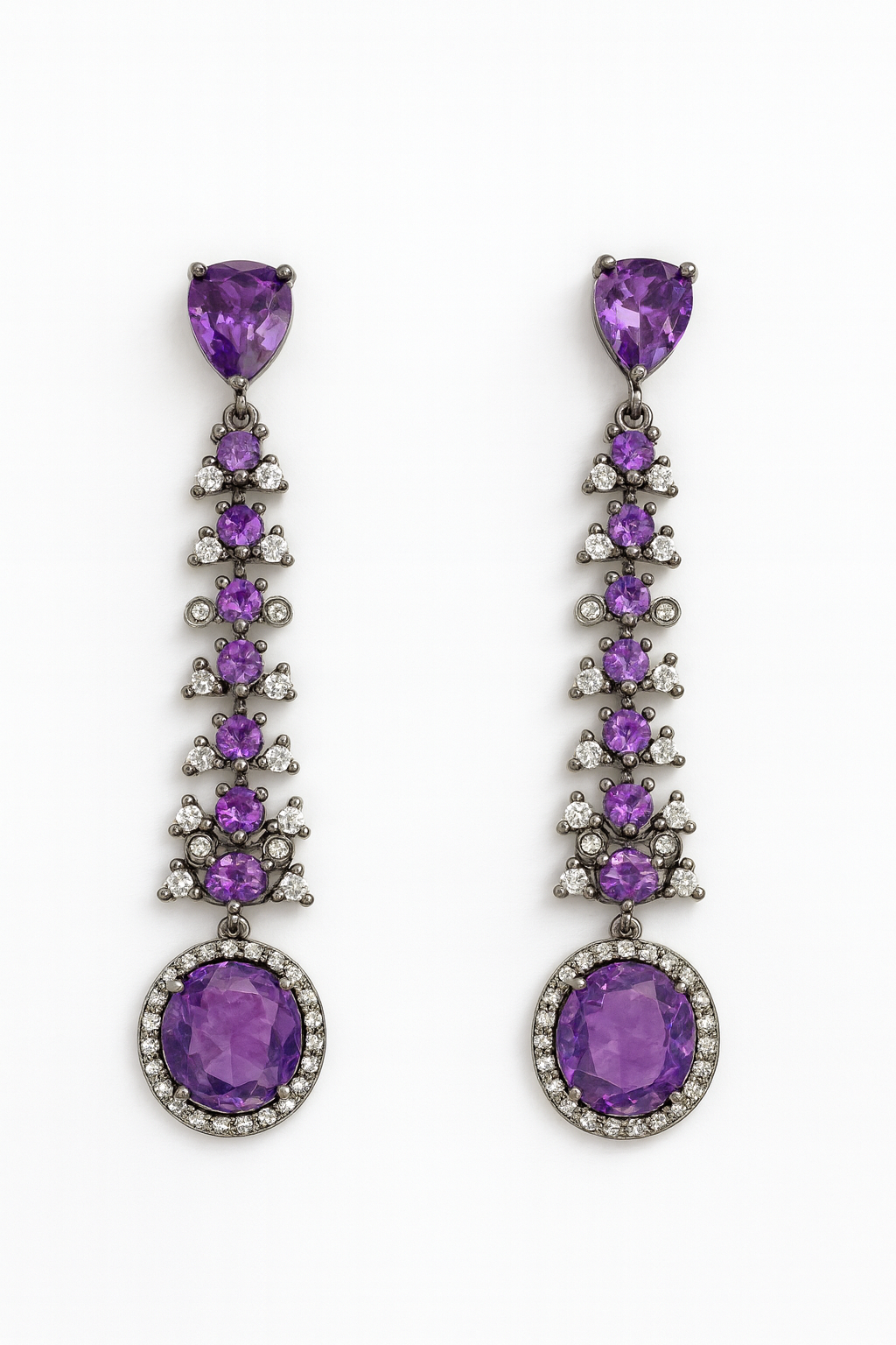 Long Drop Earrings with Purple Crystal & Zircon Stones