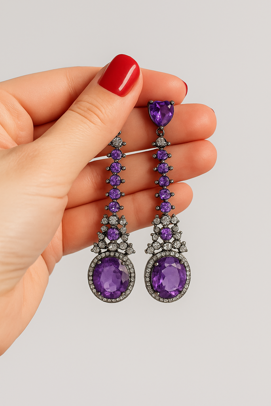 Long Drop Earrings with Purple Crystal & Zircon Stones
