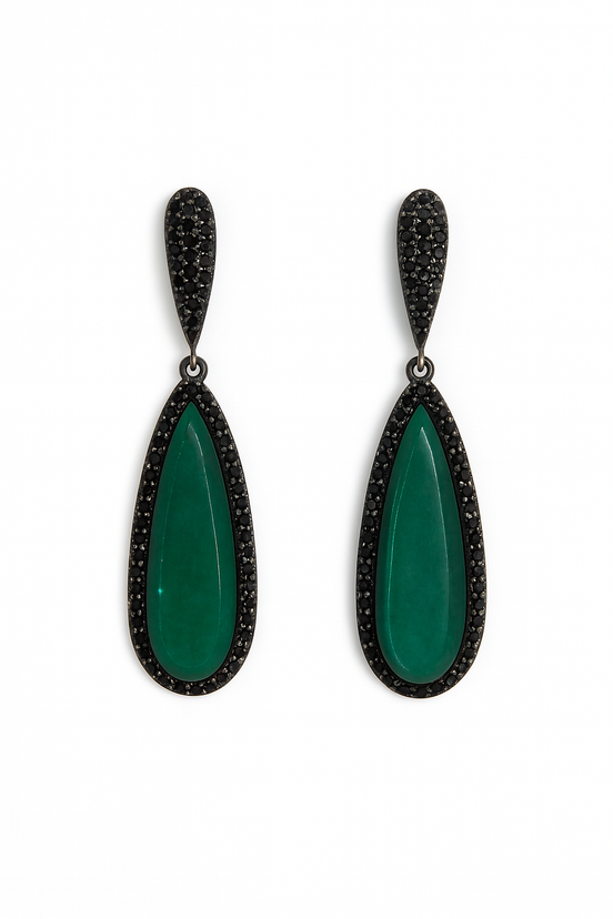 Emerald Green Gemstone & Black Diamond Drop Earrings – Elegant Statement Jewelry