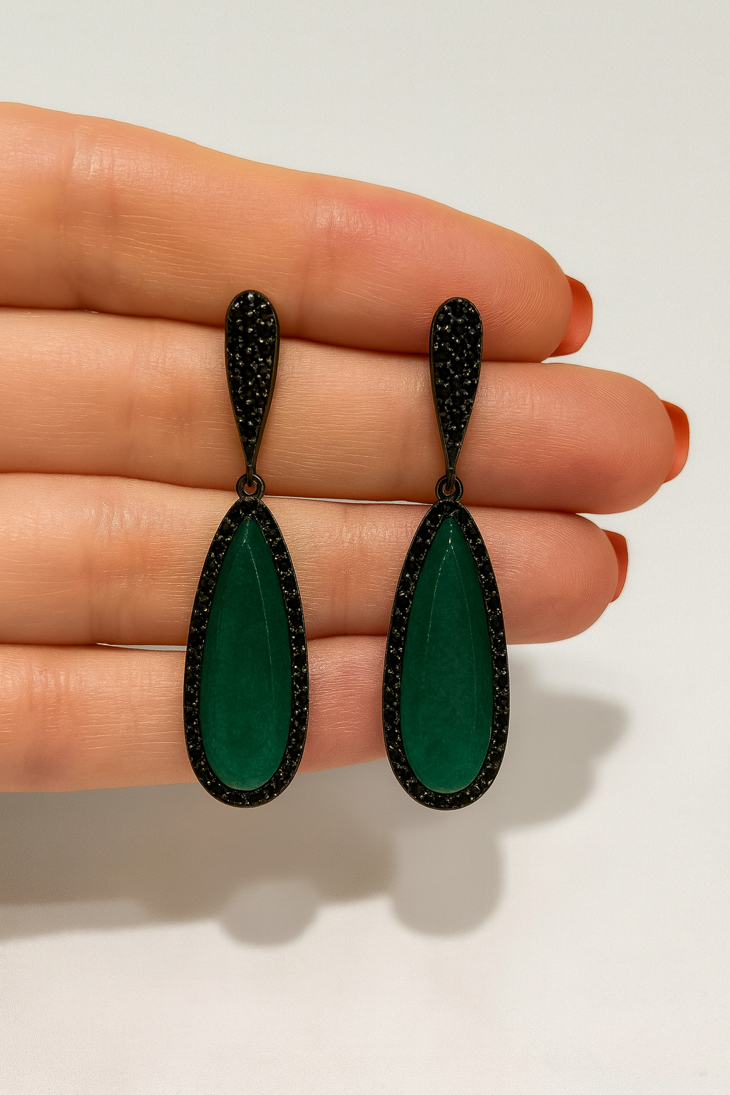 Emerald Green Gemstone & Black Diamond Drop Earrings – Elegant Statement Jewelry
