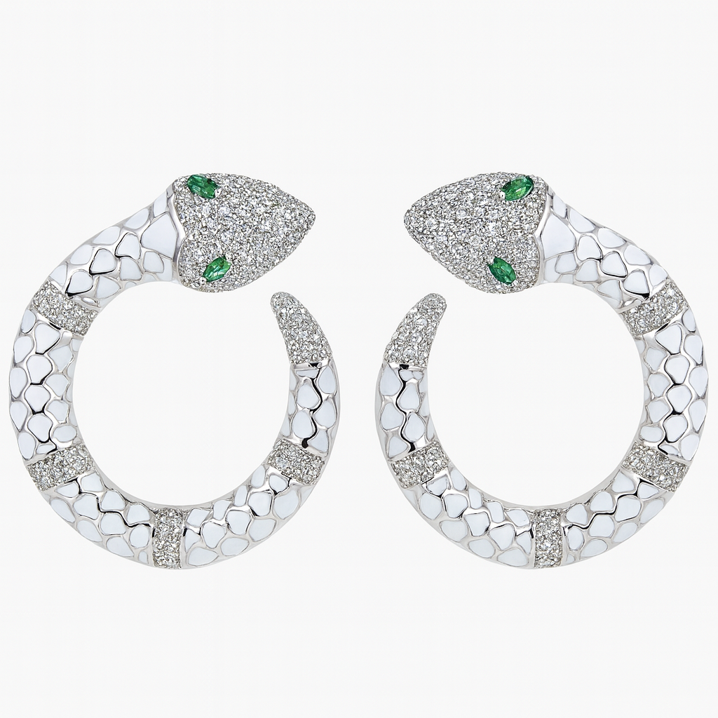 White Enamel Snake Hoop Earrings with Green Crystal Eyes – Luxury Statement Jewelry